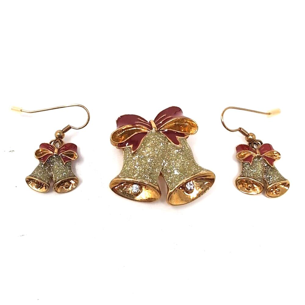 VTG Avon Jewelry Christmas Bells Bow‎ Pin Pierced Earrings Set Enamel Gold Tone